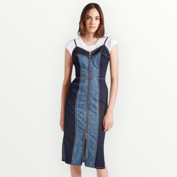 Current Elliott The Jacqueline Two-Toned Paneled Denim Midi Dress - Picture 3 of 11